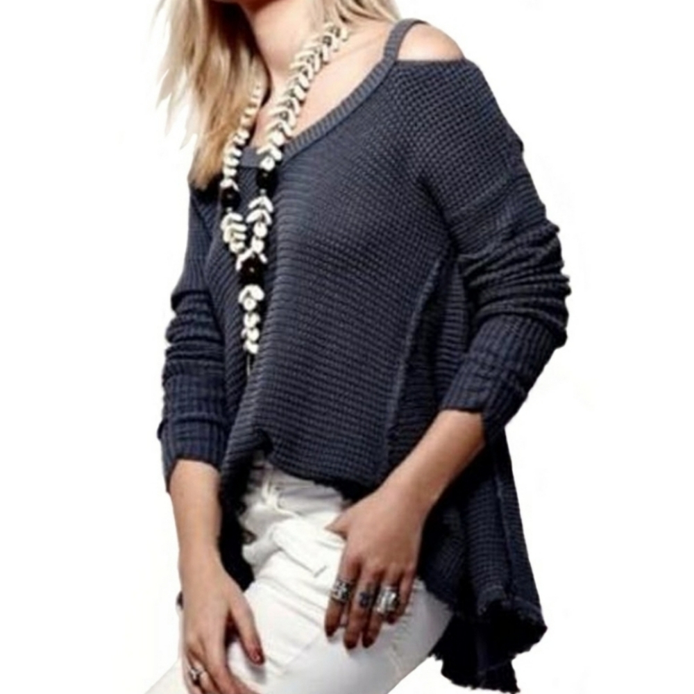 Free People Dark Charcoal Gray Moonshine Cold Shoulder Sweater Size M